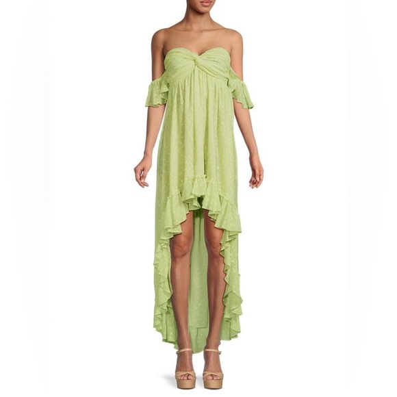 NWT Misa Los Angeles off shoulder honeydew Green Polka Dot High Low Dress XS